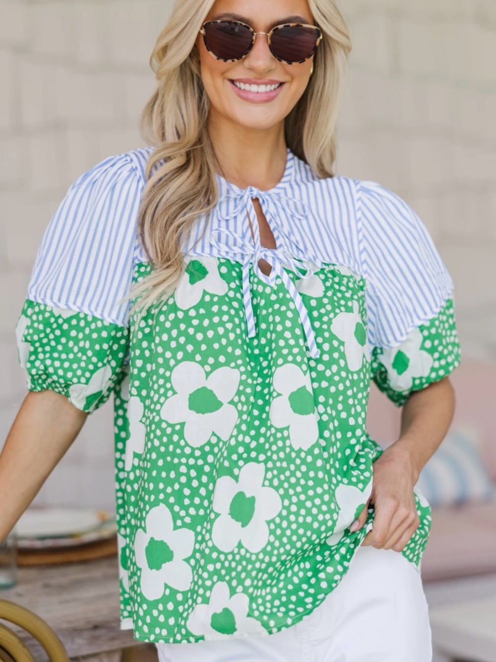 Green Floral & Blue-Stripe Tie-Neck Puff Sleeve Blouse